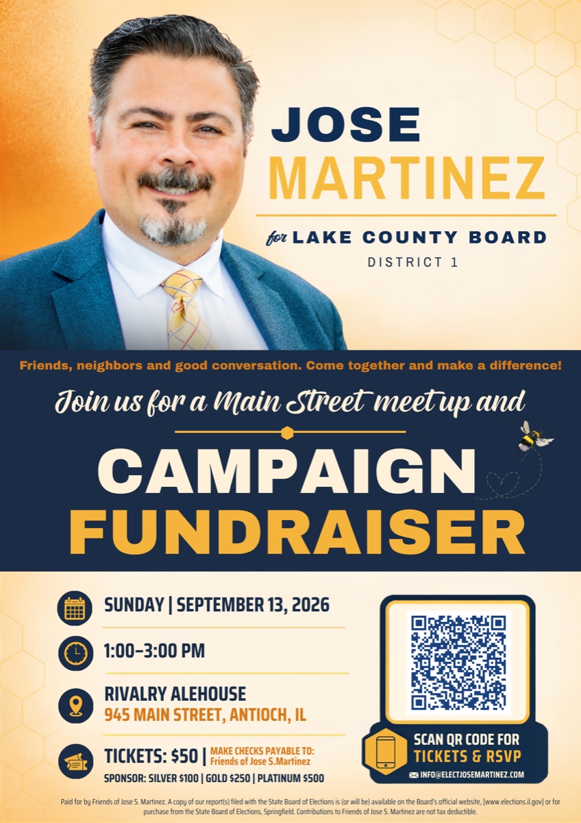 Flyer for Jose Martinez's Main Street Meet-Up and Campaign Fundraiser on Sunday, September 13, 2026 at Rivalry Alehouse in Antioch, Illinois